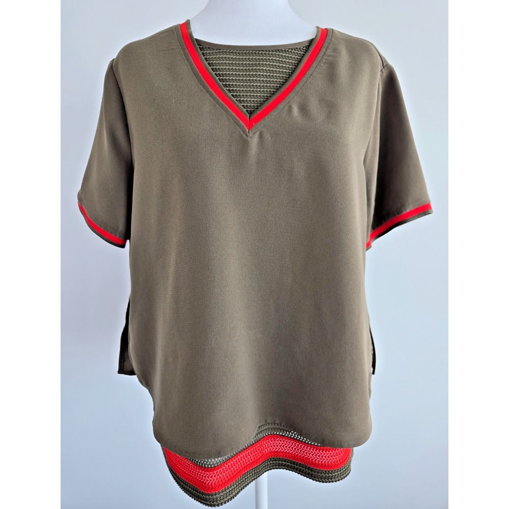 Scotch and Soda Blouse Short Sleeves Military Green Orange Striped Two Layered